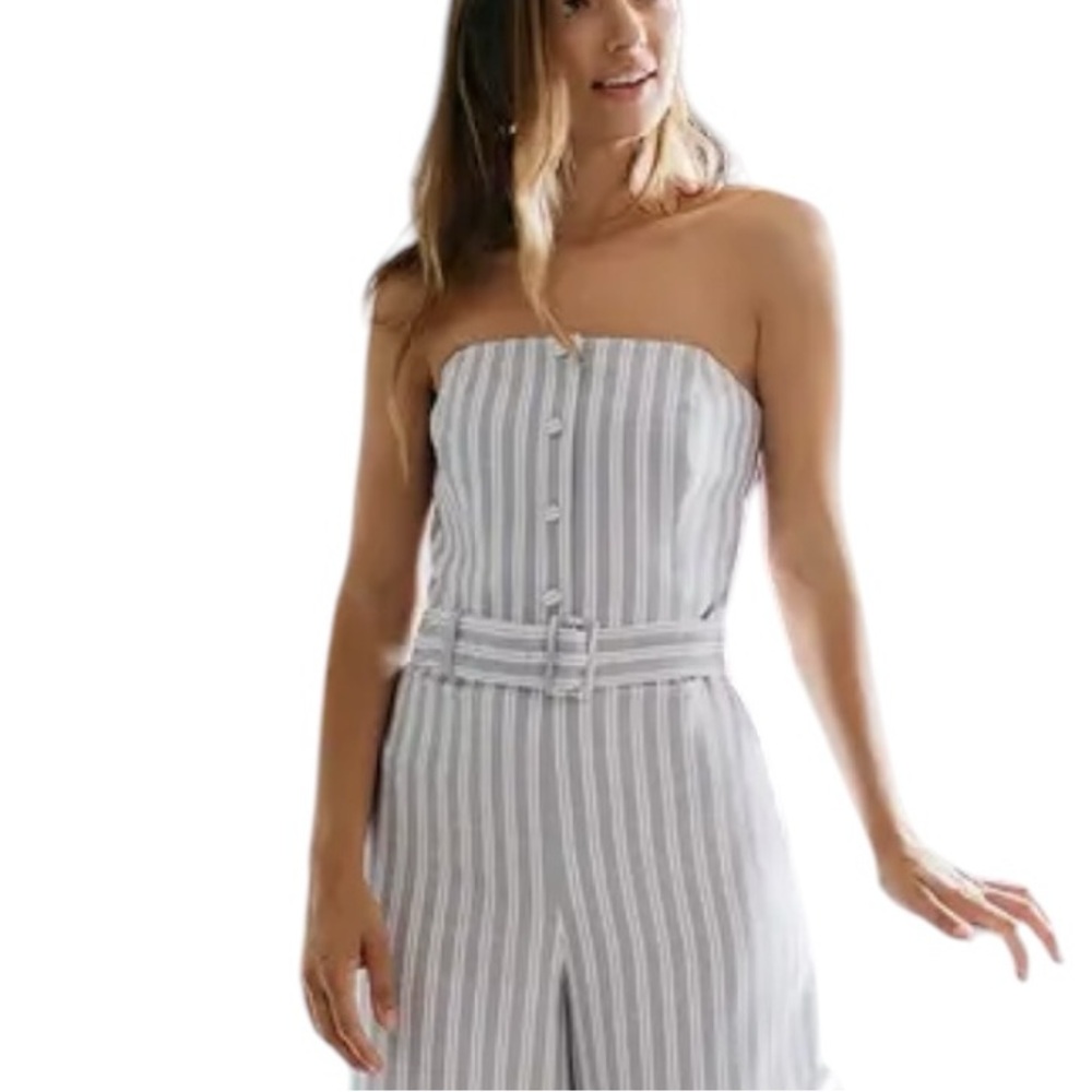 Club Monaco BLUE STRIPE ALBERRTAH JUMPSUIT Size 4 COASTAL CROPPED WIDE LEG EUC - Picture 4 of 8